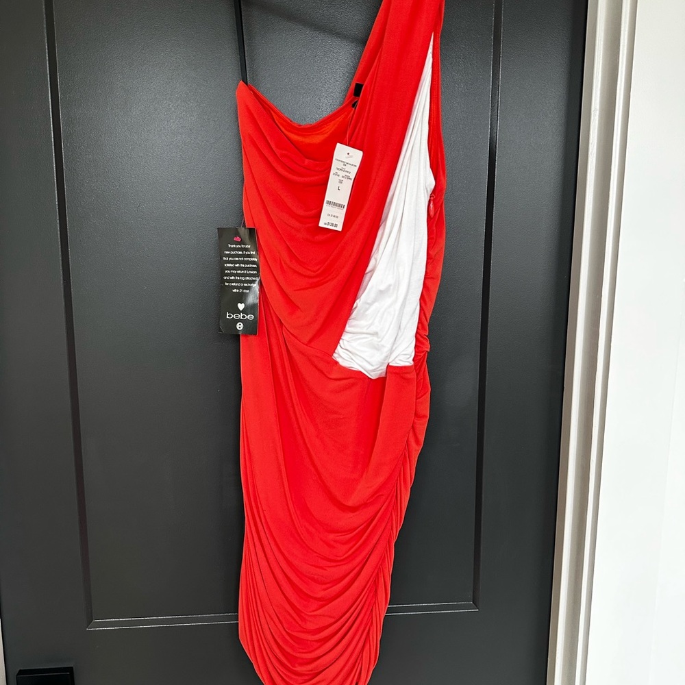 BEBE one shoulder two toned draped dress